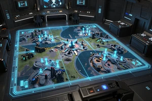 Satellite Doctrine - tactical sci-fi strategy game cover showing a holographic alien battle map in a futuristic war room