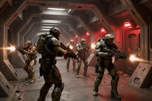 Glassline Breach - co-op sci-fi shooter cover art showing an armored squad breaching an alien base under red emergency lighting