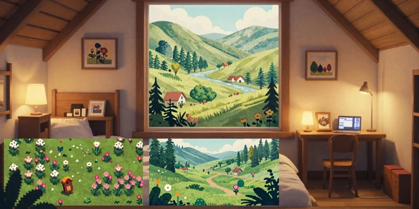Low-Noise Indie Escapes collection banner - cozy cabin interior, pixel art garden, and watercolor hills in warm amber tones